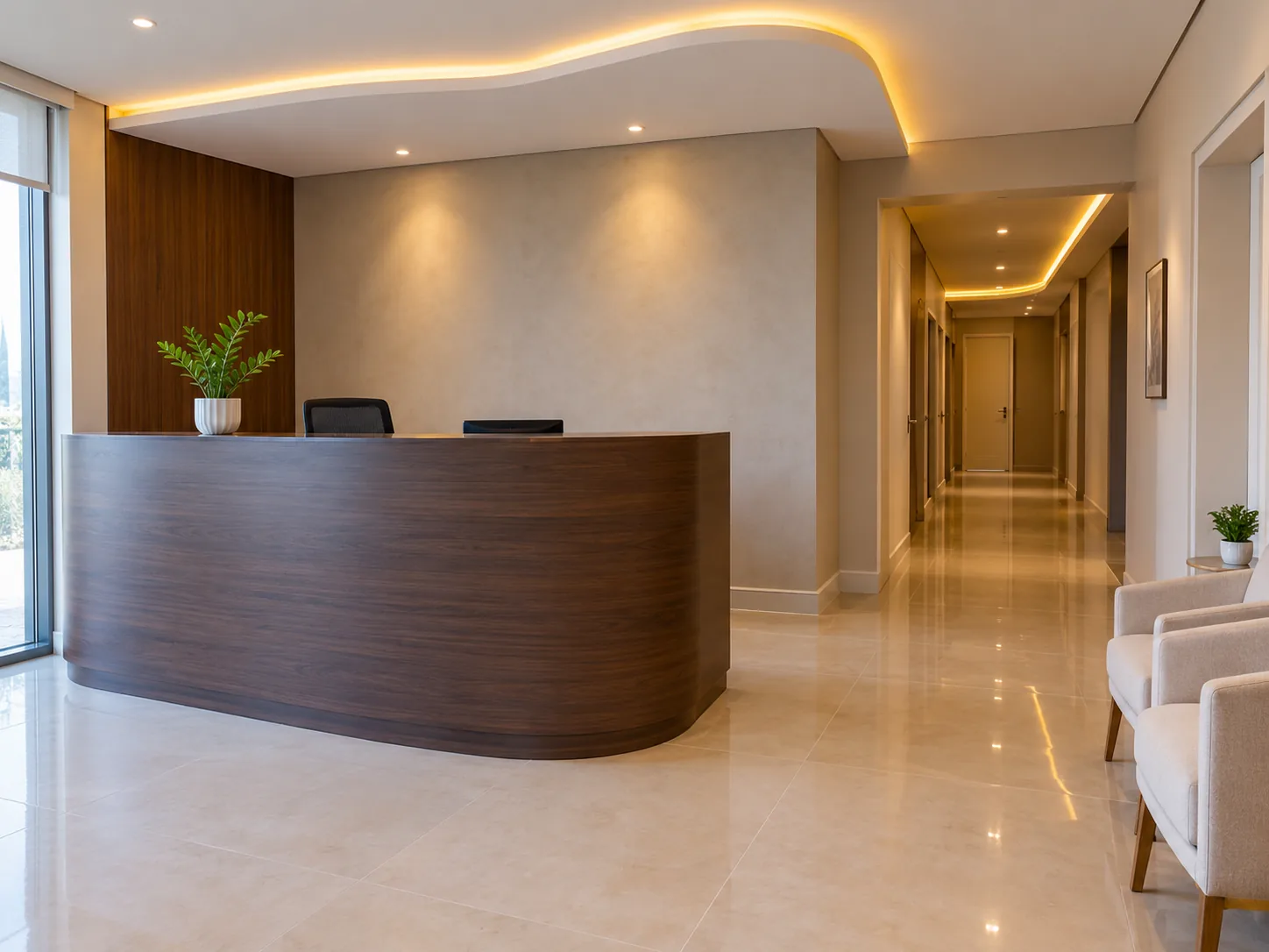 Ilustração de recepção de clínica com piso de porcelanato e iluminação em LED embutida