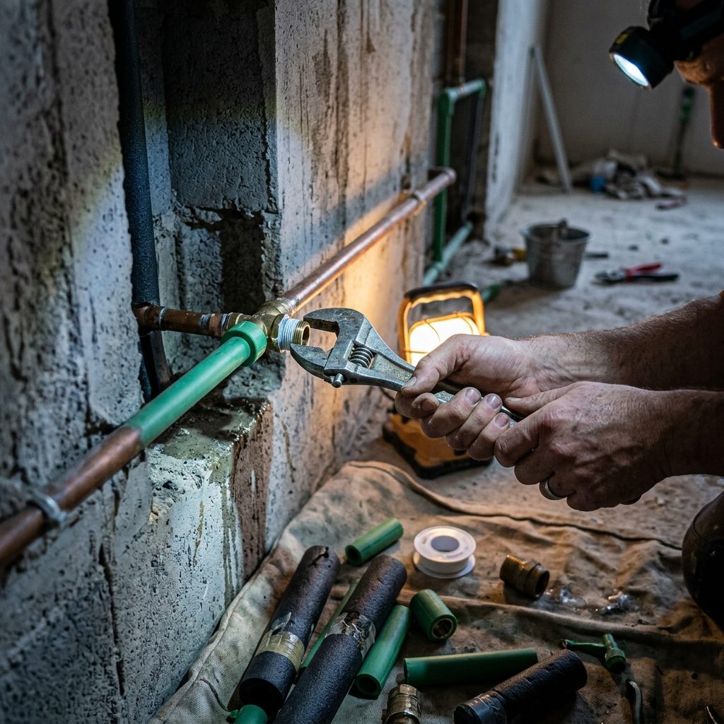 Encanador conectando tubulação com chave de aperto em obra